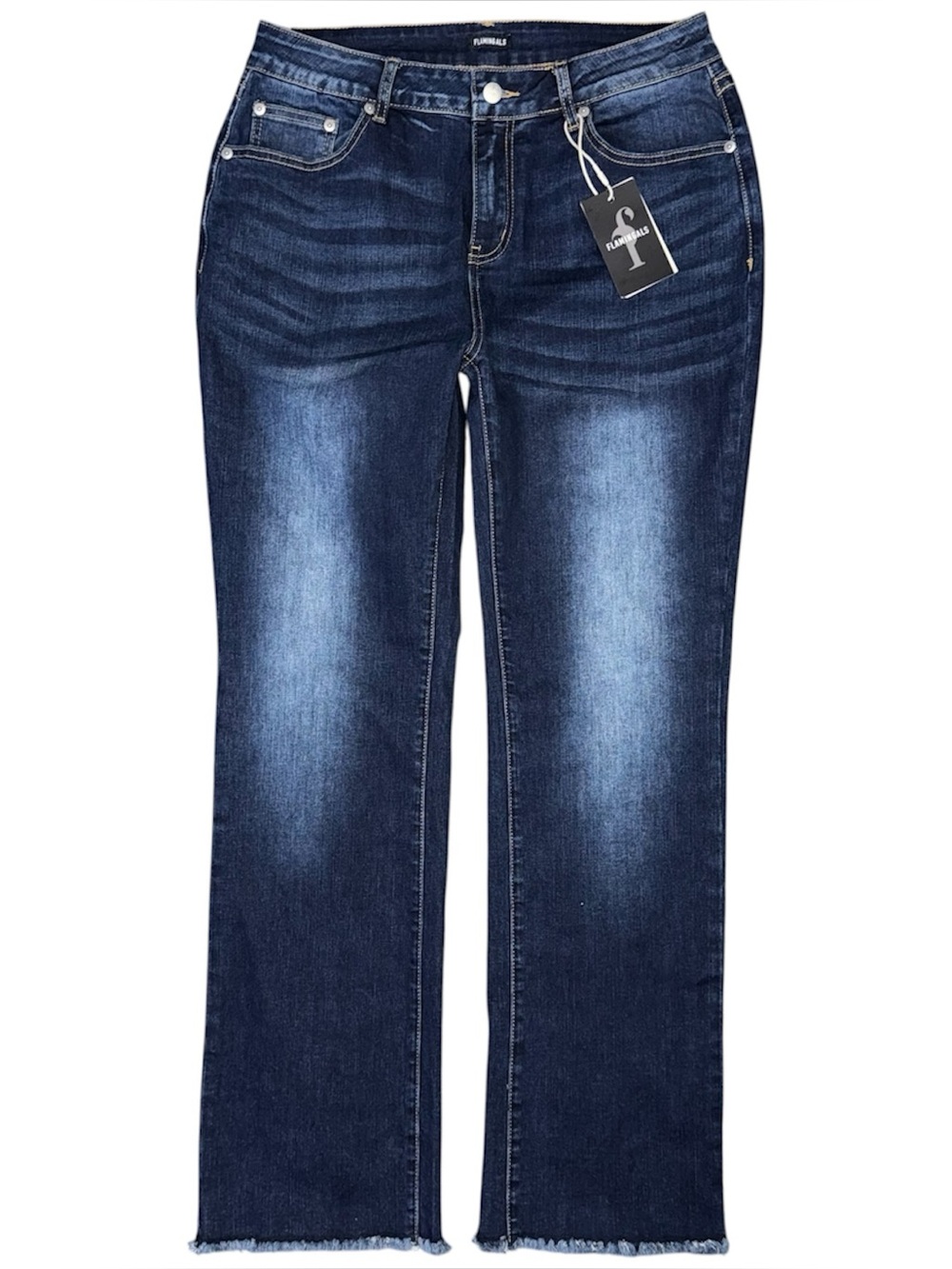 Flamingals NWT Mid Waist Boot Cut Jeans XL Butt Lifting Dark Wash V Cut Raw Hem